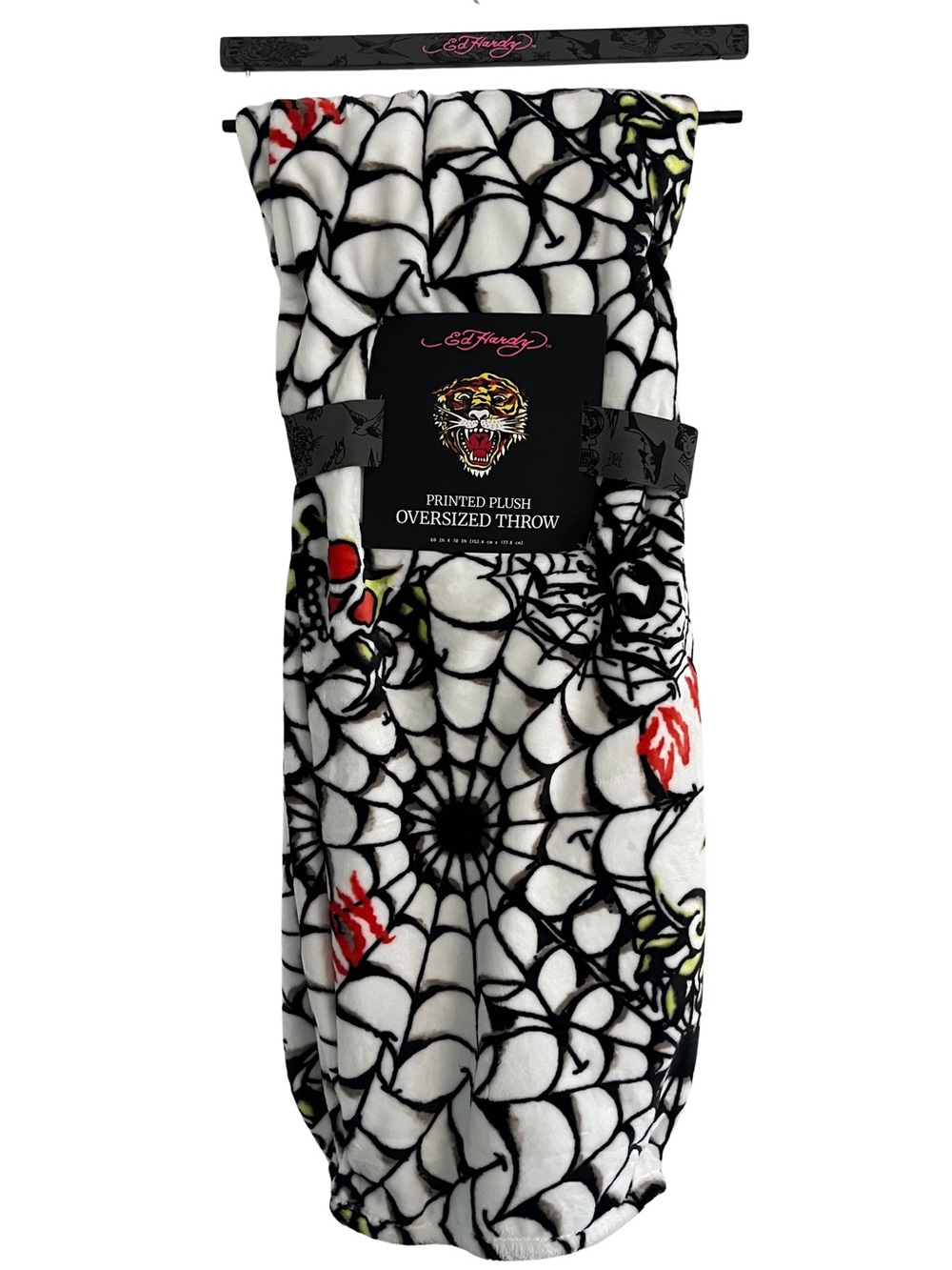 Ed Hardy Oversized Plush Throw Blanket Spiderweb Skull Tattoo Print